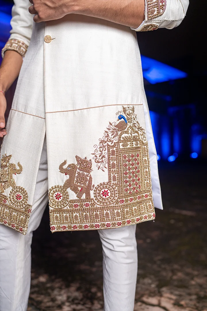 Ivory Handwork Sherwani Set (Sherwani + Kurta + Churidar) - Image 4