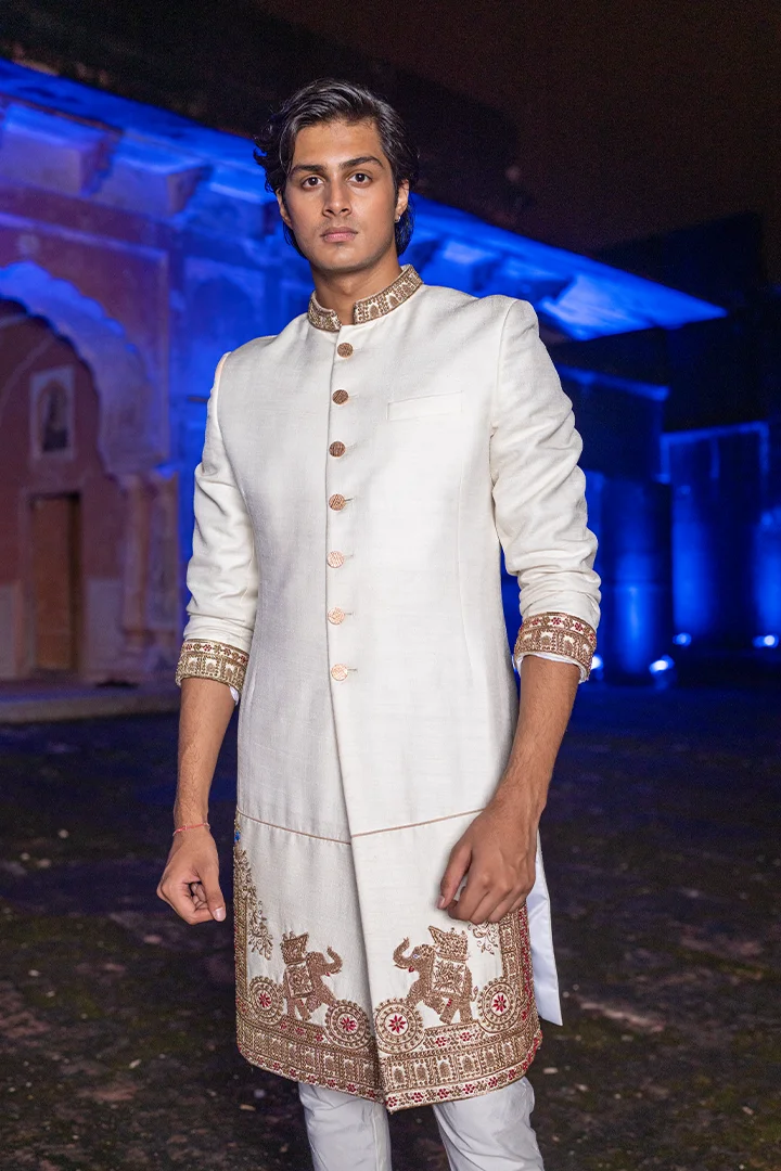 Ivory Handwork Sherwani Set (Sherwani + Kurta + Churidar) - Image 5