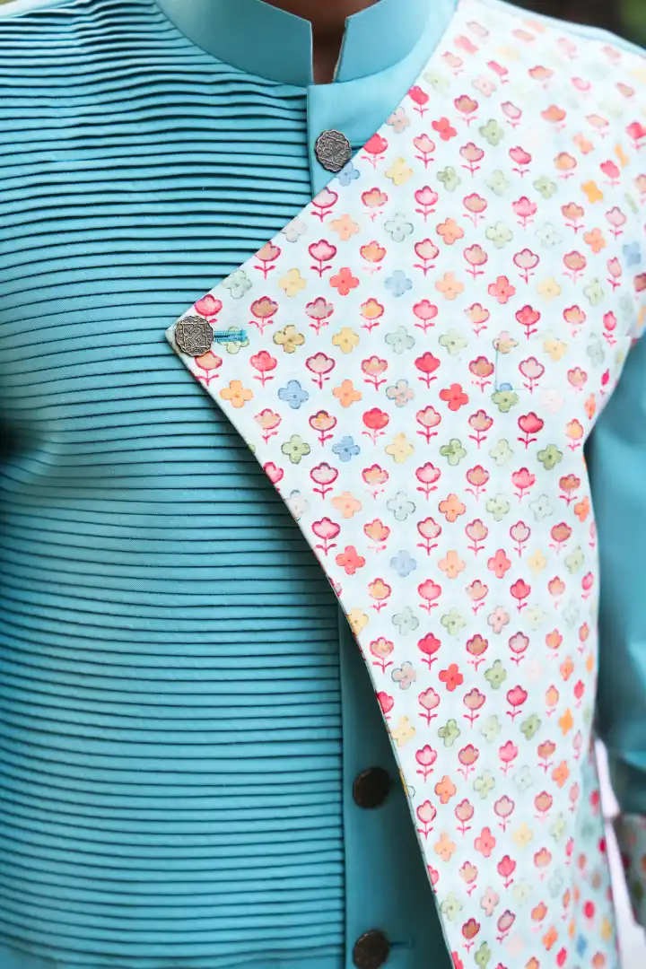 Aqua green kurta set with attached jacket - Image 3