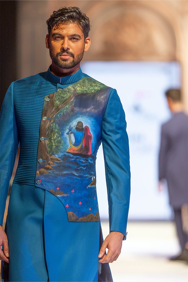 Pintucks-Style Hand-Painted Achkan Set (Achkan + Pants) - Image 5