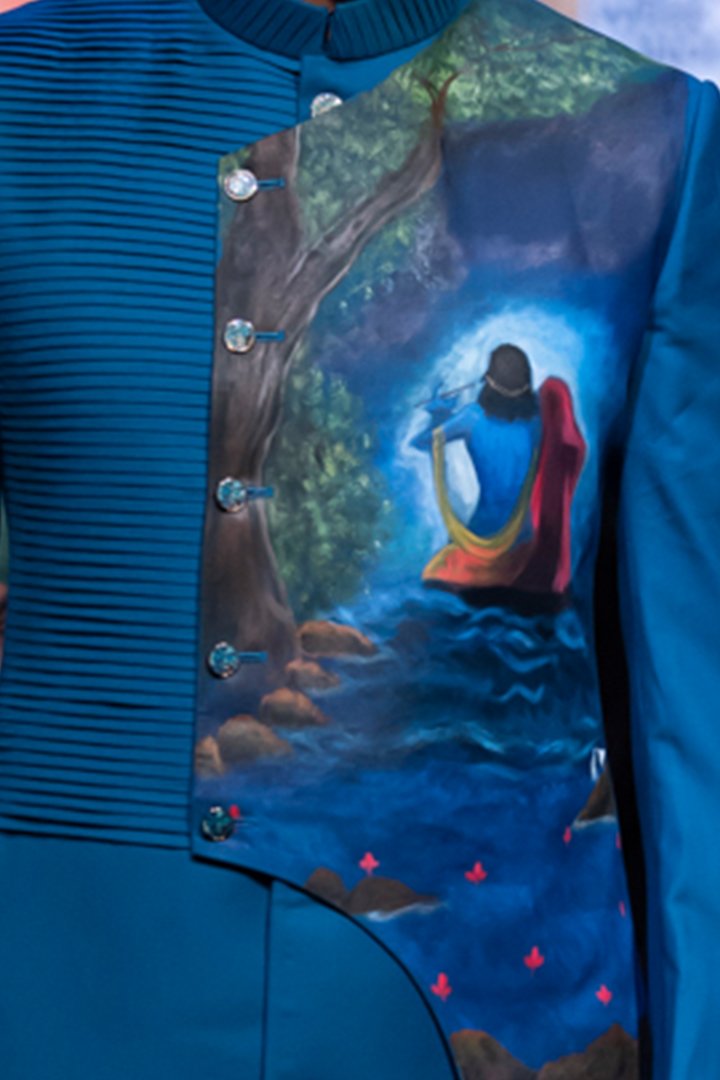 Pintucks-Style Hand-Painted Achkan Set (Achkan + Pants) - Image 3