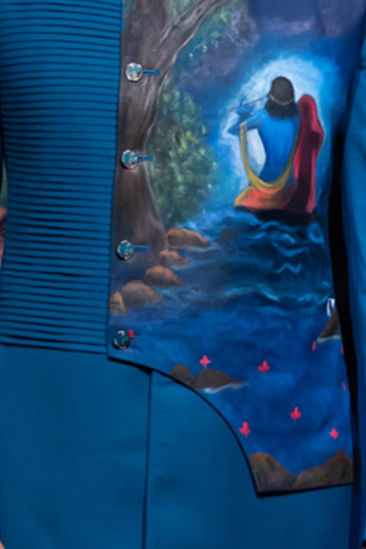 Pintucks-Style Hand-Painted Achkan Set (Achkan + Pants) - Image 4